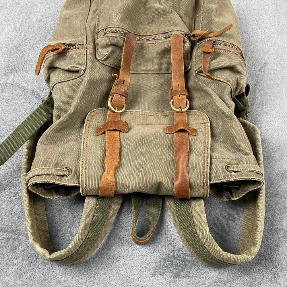 Aukmont Womens Large Backpack Olive Green Canvas Leather Straps Rucksack Vintage